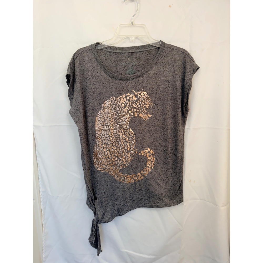 Juicy Couture Womens Large Gray Rose Gold Foil Leopard Side Tie Graphic T-Shirt